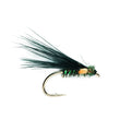 A single fly fishing lure with a dark green body, black hackle feathers, and a gold hook, shown against a plain white background.