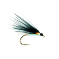 Fishing fly with black and green body on a white background
