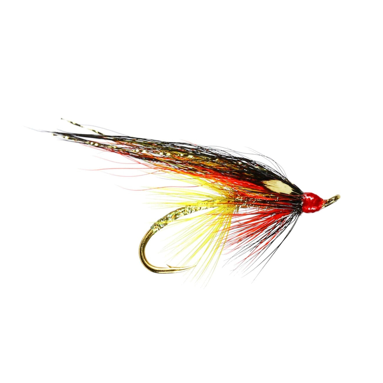 A single artificial fly fishing lure with a gold hook, red body, black and gold wing, and yellow and red hackle feathers, isolated on a white background.