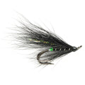 A single fly fishing lure with a dark body, black hackle feathers, and a silver hook, shown against a plain white background.