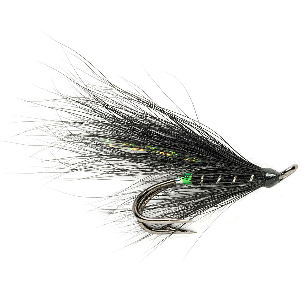 A single fly fishing lure with a dark body, black hackle feathers, and a silver hook, shown against a plain white background.