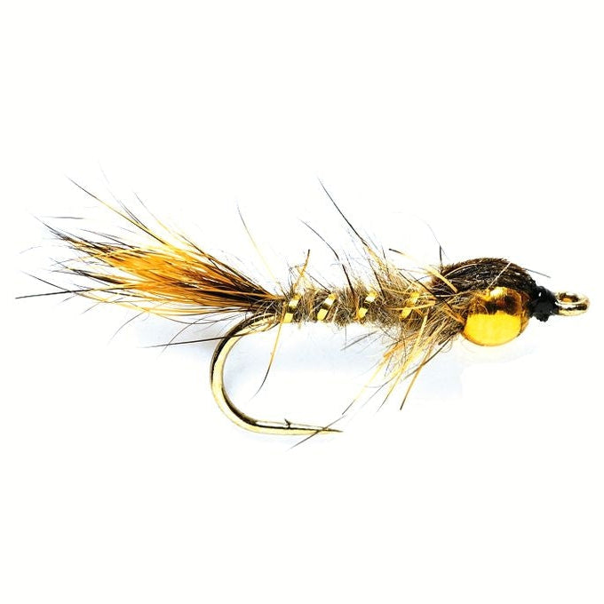 Fishing fly with gold and black details on a white background