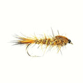 Fishing fly with brown and black body on a white background