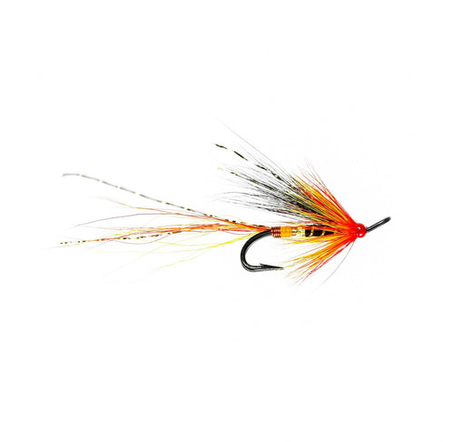 A single fly fishing lure with a black hook, bright red body, orange and yellow feathering, and black-and-white hackle wings, isolated on a solid white background.