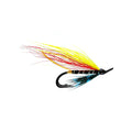 A single fishing fly lure with a black hook, a black-and-yellow body, and multicolored feather strands in yellow, red, orange, and blue on a plain white background.