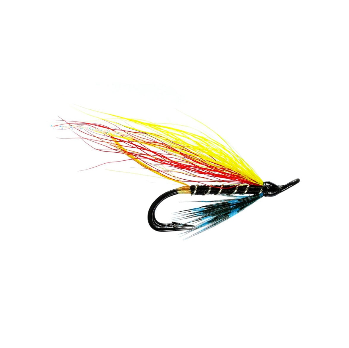 A single fishing fly lure with a black hook, a black-and-yellow body, and multicolored feather strands in yellow, red, orange, and blue on a plain white background.
