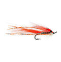 A fly fishing lure with a black body, red head, and orange and white hackle feathers, shown on a plain white background.