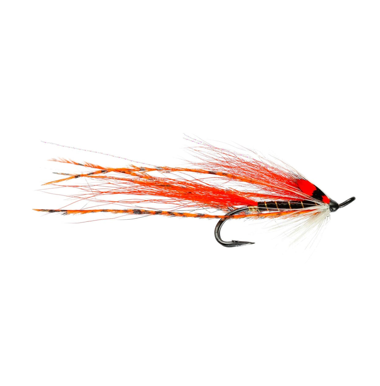 A fly fishing lure with a black body, red head, and orange and white hackle feathers, shown on a plain white background.