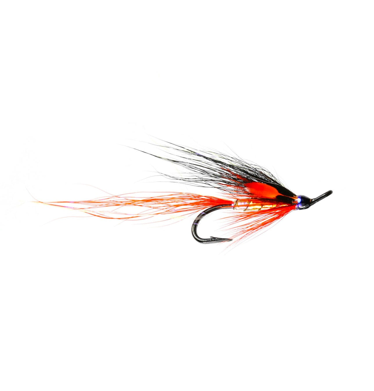 A single fly fishing lure with a bright red body, black hackle feathers, and orange-red tail fibers on a plain white background.