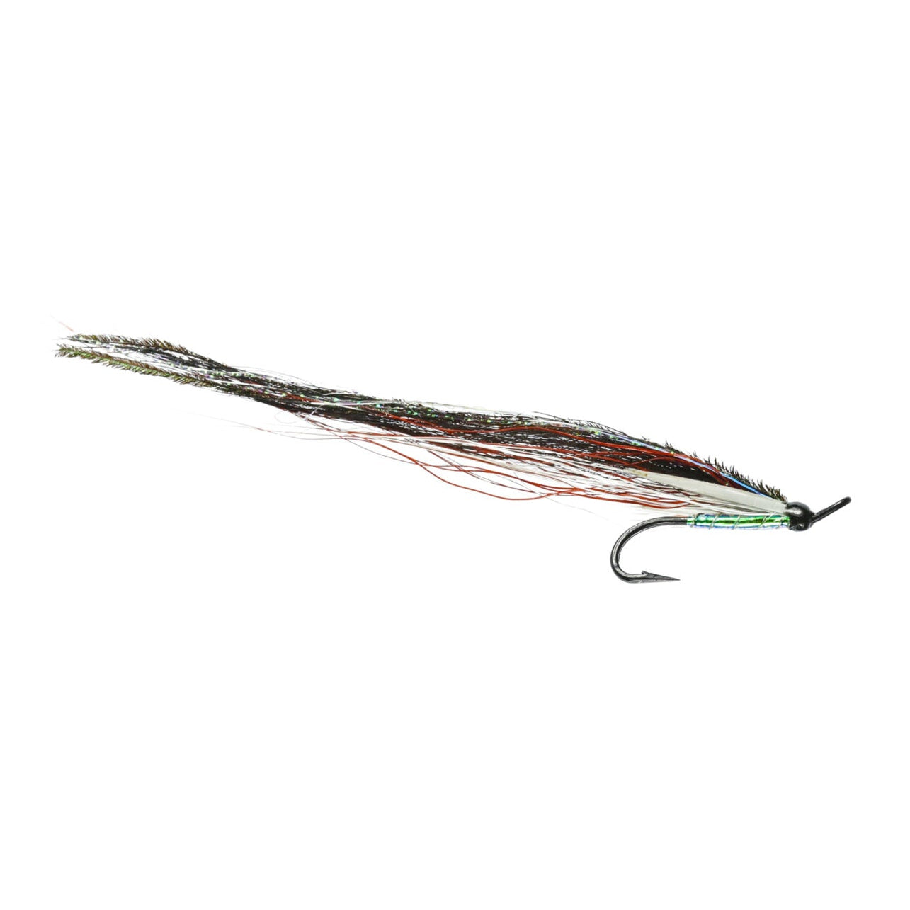 A fishing fly lure with a dark brown and silver glitter body, a green collar, and a black hook, shown against a plain white background.