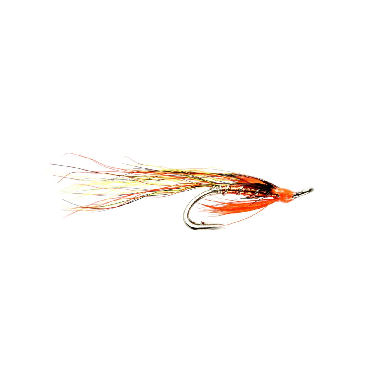 A fly fishing lure with a metallic gold body, orange hackle, and multicolored hackle feathers, attached to a silver hook, shown against a plain white background.
