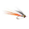 Fishing fly with orange and black feathers on a white background