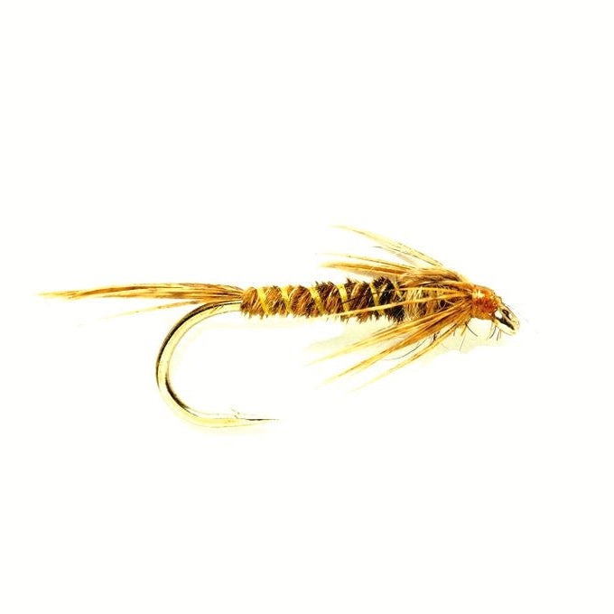 Fishing fly with gold and brown colors on a white background