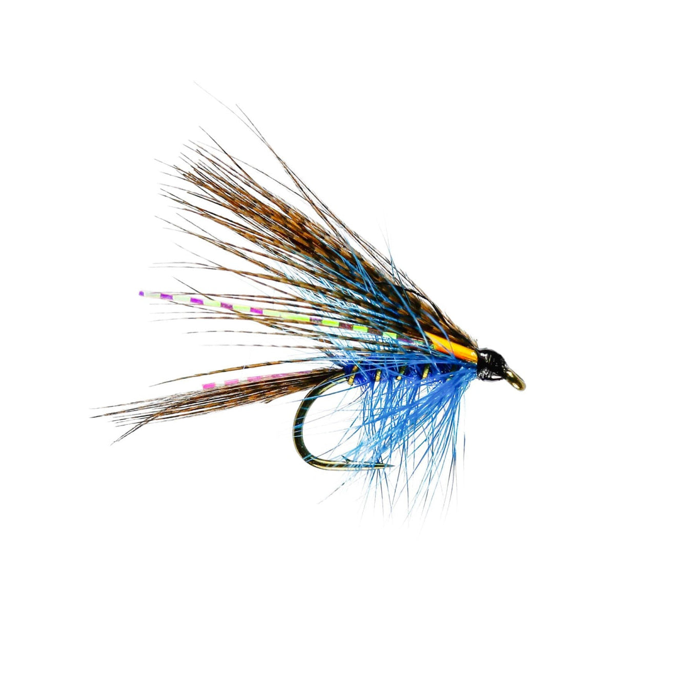 A single fly fishing lure with brown hackle feathers, blue body wrap, a yellow collar, and a black hook, shown against a plain white background.