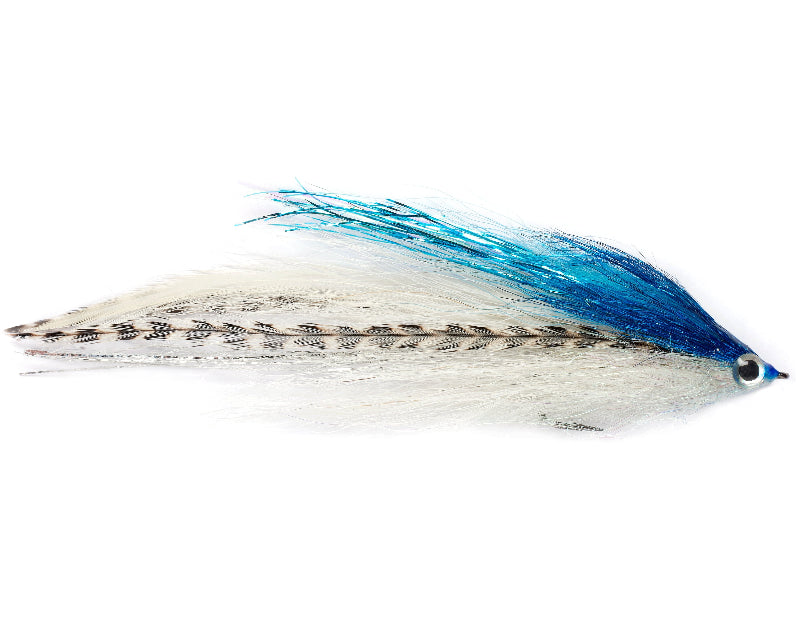 Fishing lure with white body, blue and black details on a white background