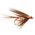 Fishing fly with brown and red details on a white background
