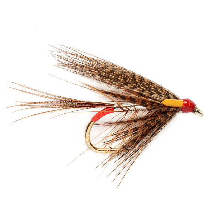 Fishing fly with brown and red details on a white background