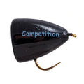Black fishing lure with gold hook on a white background