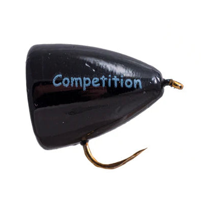 Black fishing lure with gold hook on a white background