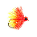 Fishing lure with red and yellow colors on a white background