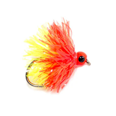 Fishing lure with red and yellow colors on a white background