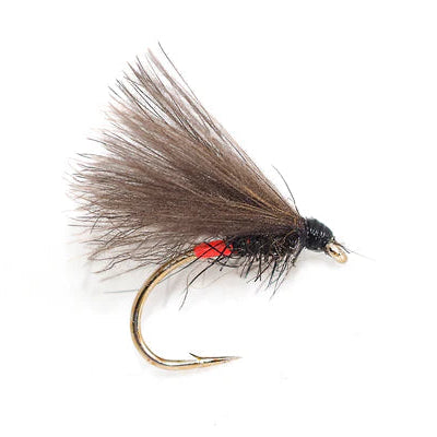 Fishing fly with brown body and red tag on a white background