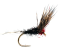 Fishing fly with black and red body on a white background