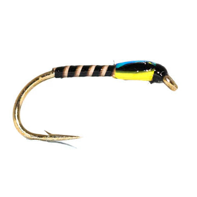 Fishing fly with gold hook and multicolored body on a white background