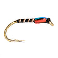 Fishing fly with black and red body on a white background