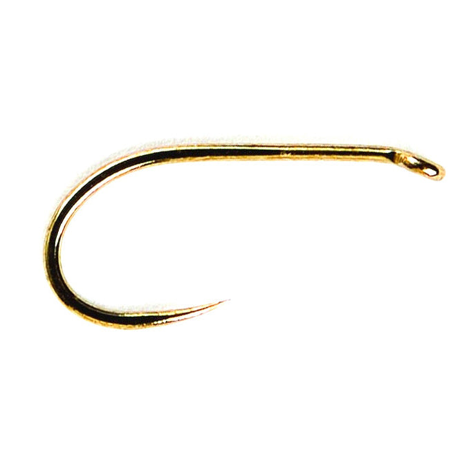 A single gold-finished fishing hook with a smooth, polished finish, isolated on a solid white background.