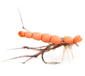 Fishing fly with orange body and feather details on a white background