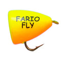 Yellow and orange fly fishing lure with 'Fario Fly' branding on a white background