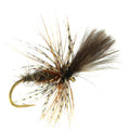 Fly fishing fly with brown and gold colors on a white background