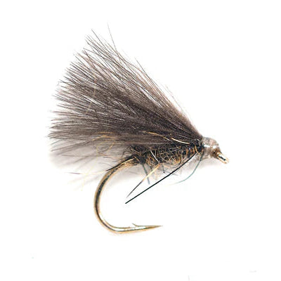 Fishing fly with brown body and black wings on a white background