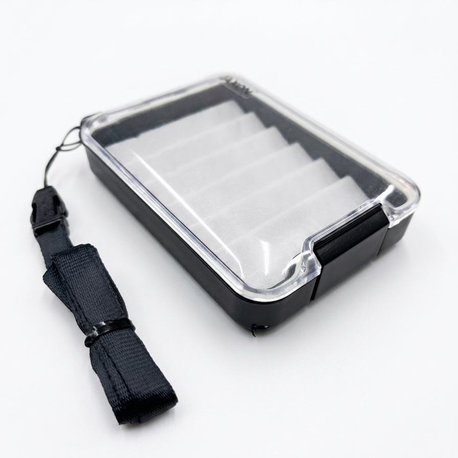 Clear plastic container with black strap on a white background