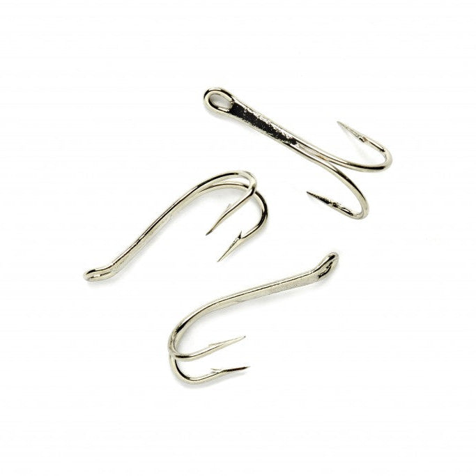 Three silver metal fishing hooks arranged on a plain white background.