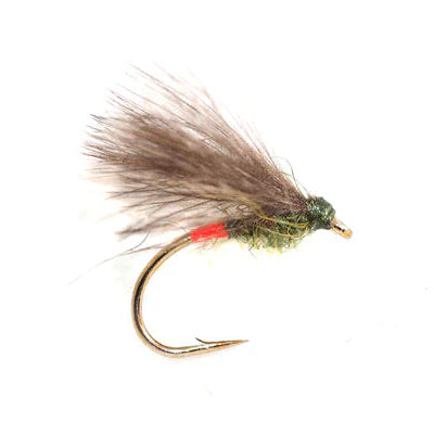Fishing fly with brown and green body on a white background