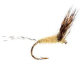 Fishing fly with brown and black feathers on a white background