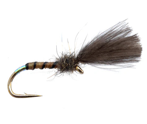 Fishing fly with brown body and black hair on a white background
