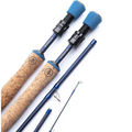Fishing rod with cork handle and blue components on a white background