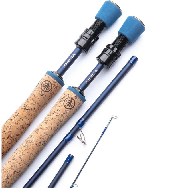 Fishing rod with cork handle and blue components on a white background