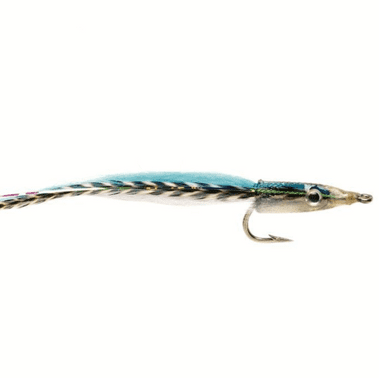 Fishing fly with blue and black pattern on a white background