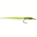 Fishing fly with a green and silver body on a white background