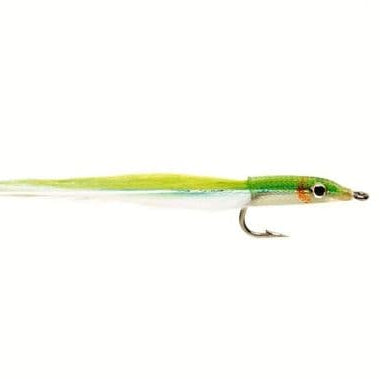 Fishing fly with a green and silver body on a white background