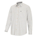 A long-sleeve button-down shirt with a small-scale check pattern in beige, brown, and blue on a white base, featuring a small embroidered logo on the left chest.
