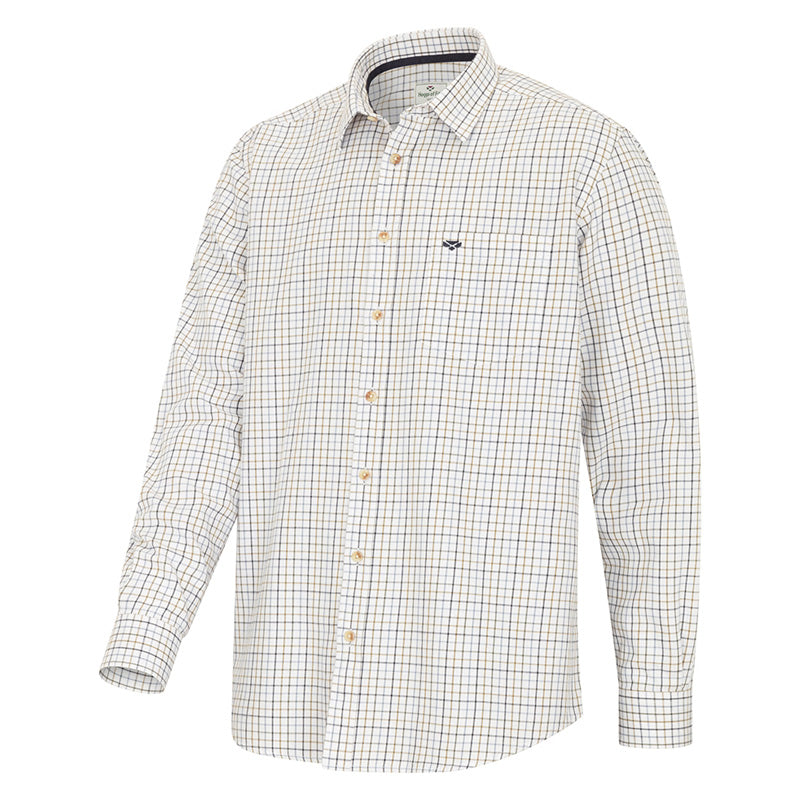 A long-sleeve button-down shirt with a small-scale check pattern in beige, brown, and blue on a white base, featuring a small embroidered logo on the left chest.