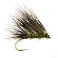Fishing fly with green body and brown wings on a white background