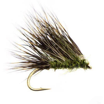 Fishing fly with green body and brown wings on a white background
