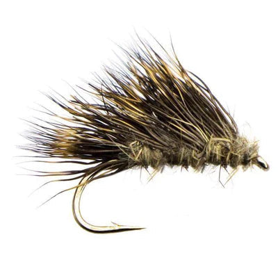 Fishing fly with brown and black feathers on a white background