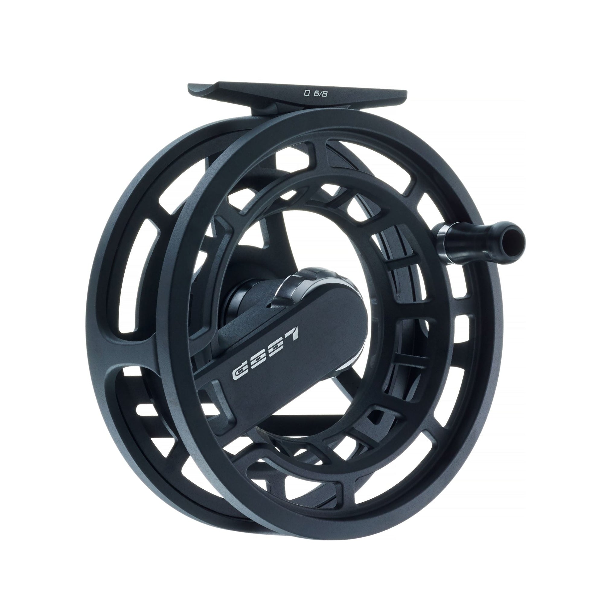 Black fishing reel on a white background